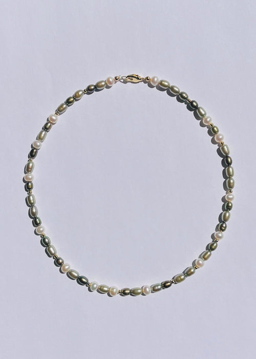 Clove green freshwater pearl necklace with earthy layered tones and gold accents